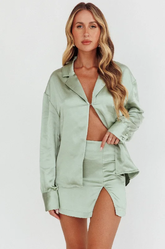 Embroidered Letters Coco Satin Mini Skirt Sage