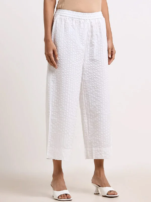 Designer Style Zuba White Self- Patterned Cotton Palazzos