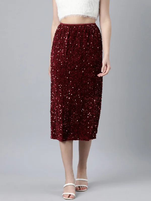 Personalized Wear Women Self Design Maroon Straight Midi Skirt