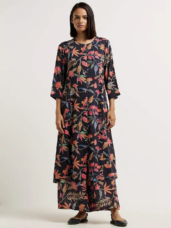 Street Fashion Zuba Black Tropical Printed Palazzos