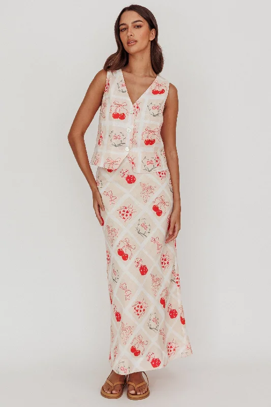 Sweet breath Flowering Romantic Print A-Line Maxi Skirt Beige