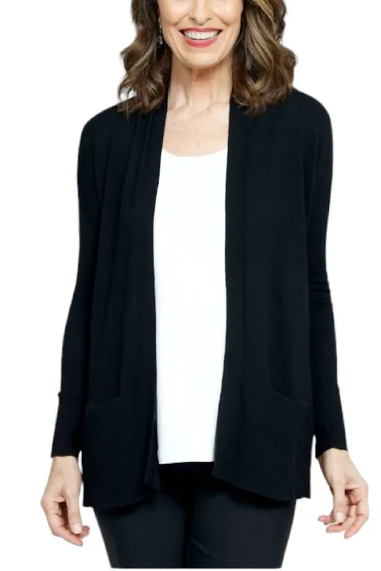 Lazy Home Long Sleeved Open Front Cardigan With Pockets In Black