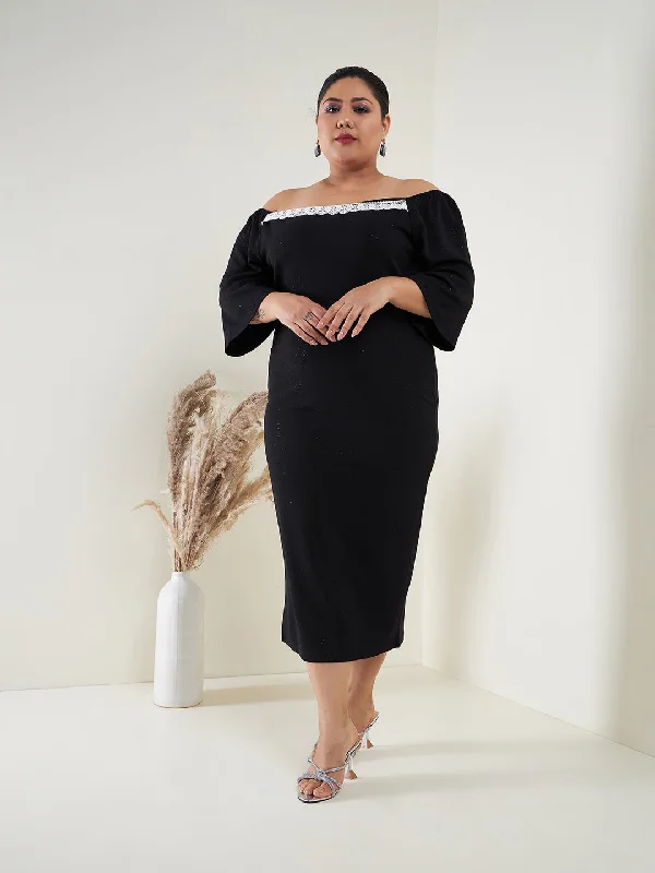 Luxury Temperament Women Black Glitter Off Shoulder Bodycon Midi Dress