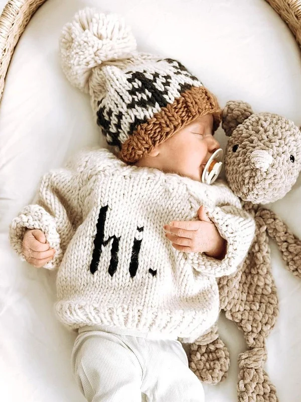 Soft Comfort Hi. Crew Neck Garter Stitch Sweater, Black on Natural