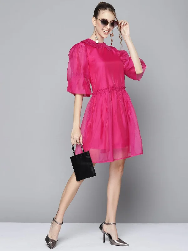 Exquisite Craftsmanship Women Magenta Embroidered Collar Organza Dress