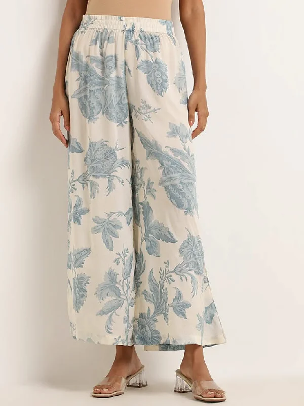 Playful Style Zuba Indigo Botanical Print Palazzos