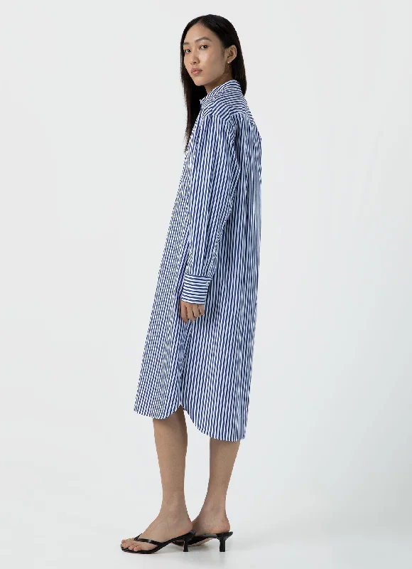 Avant-garde Design Women's Cotton Poplin Shirt Dress in Bright Blue/White