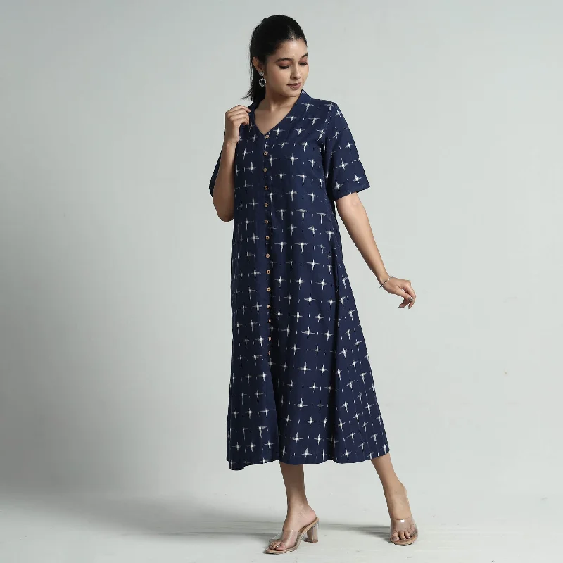 Exquisite Embroidery Blue - Pochampally Double Ikat Weave Cotton Dress
