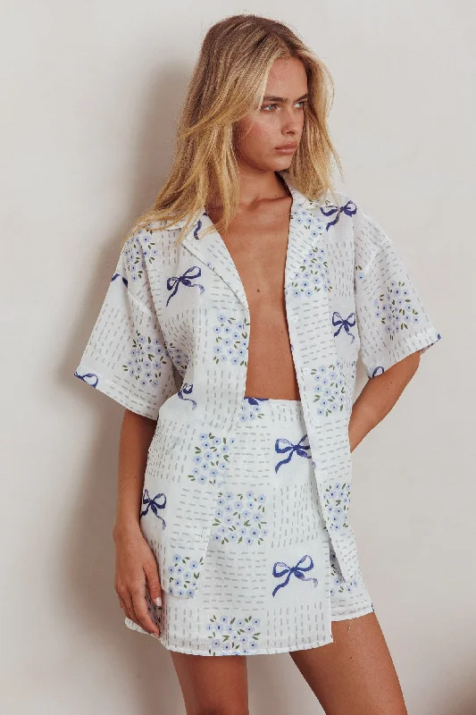 Fashionable Items Ithaca Wrap Mini Skirt Bow Print Blue