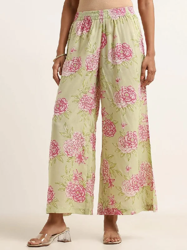 European And American Style Zuba Green Floral Print Palazzos
