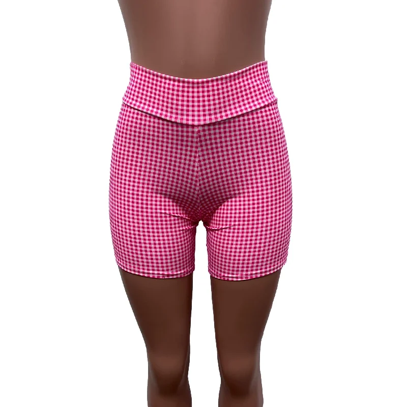 Street Fashion Style Biker Shorts in Pink Gingham Checkered Plaid Barbie Spandex - Choose Low, Mid, or High-Waist.