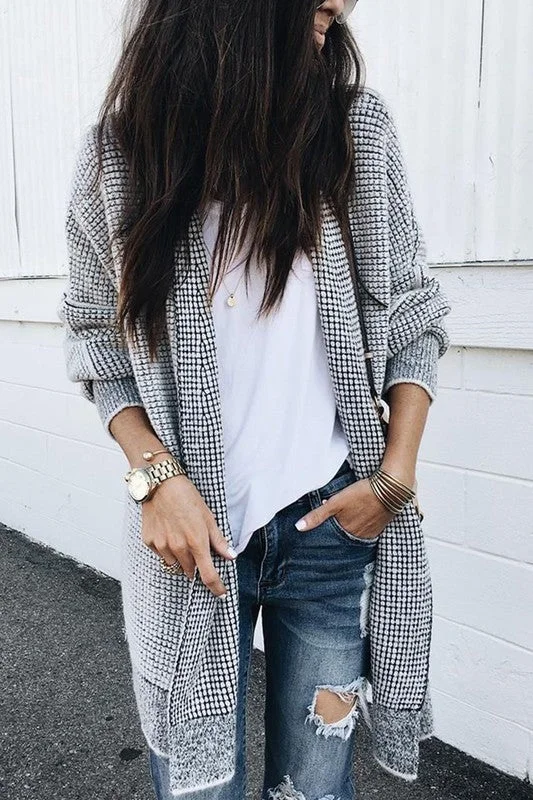 Comfortable Fashion Plaid Long Sleeve Open Front Knit Sweater