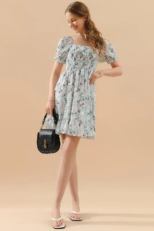 Classic And Versatile PATTERNED SQUARE NECK PUFF SLEEVE SHORT CAKE DRESS