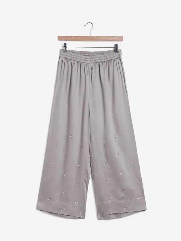 High Street Style Zuba Grey Embroidered Palazzos