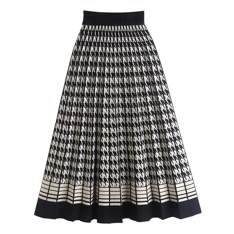 Fashionable Prints TIGENA Vintage Houndstooth Knitted Skirt for Women 2023 Autumn Winter Elegant Plaid High Waist Pleated Midi Long Skirt Female