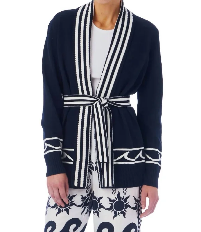 Wearable At Home Or Out Cap Boyfriend Cardigan In Navy & White