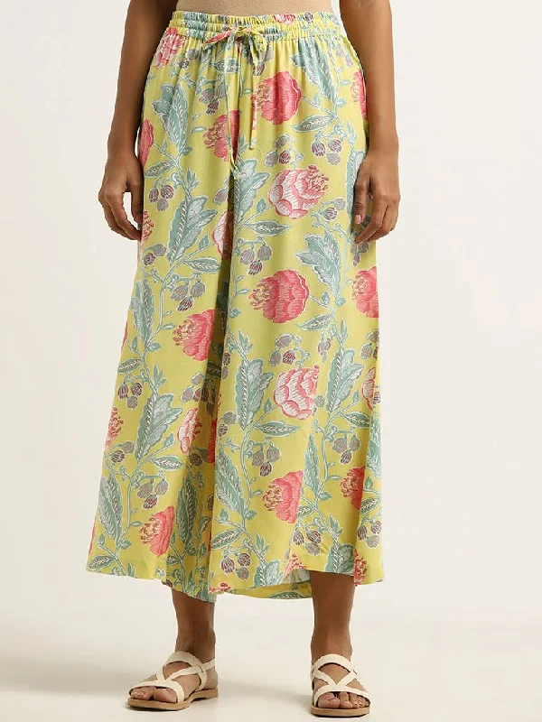 Effortless Comfort Utsa Yellow Floral Cotton Palazzos