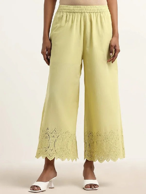 Stretch Design Zuba Lime Schiffli Detailed Mid Rise Cotton Palazzos