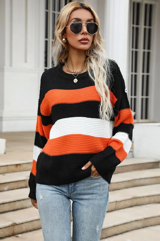 Personalized Design Striped Drop Shoulder Sweater