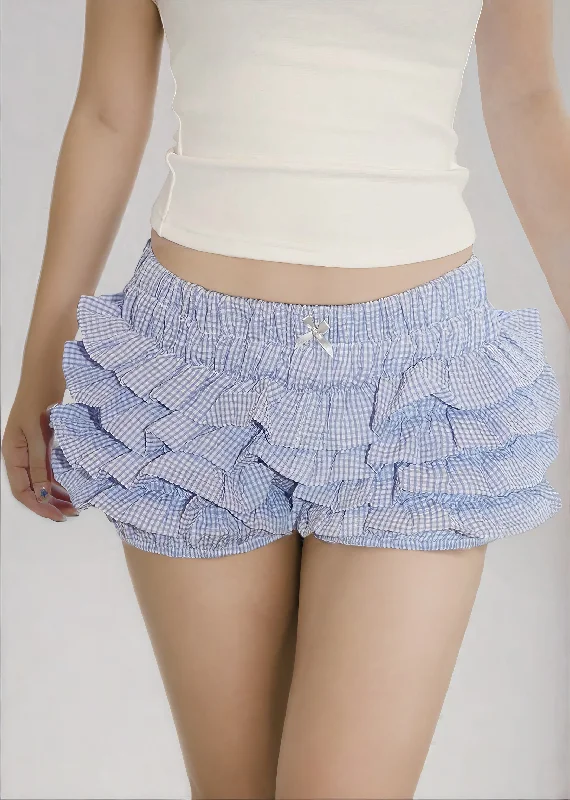 Simple Style Ruffled Gingham Print Elastic Bloomer Shorts