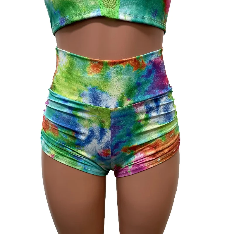 Unique Design Watercolor Rainbow Ruched Booty Shorts