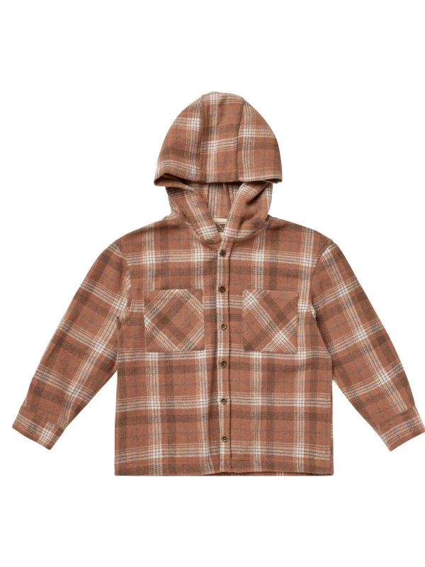 Exquisite Details Rylee & Cru Hooded Overshirt, Brown Plaid