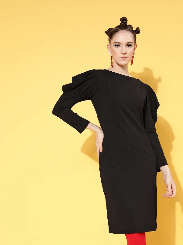 Street Charm Women Black Canton Puff Sleeves Mini Bodycon Dress