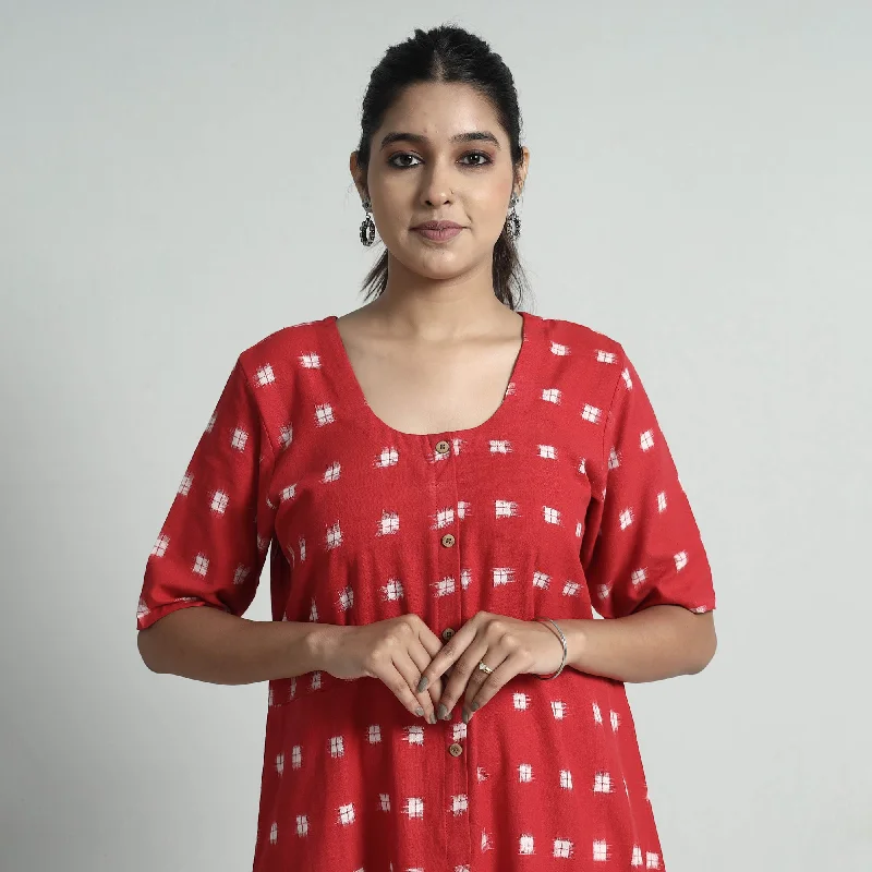 Bright Colors Red - Pochampally Double Ikat Weave Cotton Dress