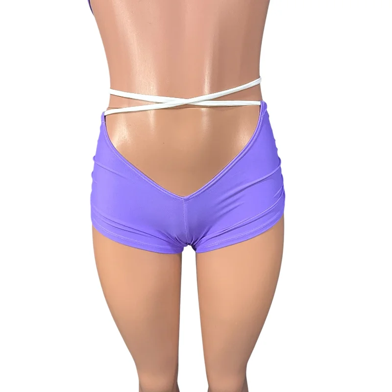 Fresh And Elegant X-String Scrunch Booty Shorts in Lavender Spandex | Ruched Hot Pants w/ Tie Low-Rise Rave Shorts