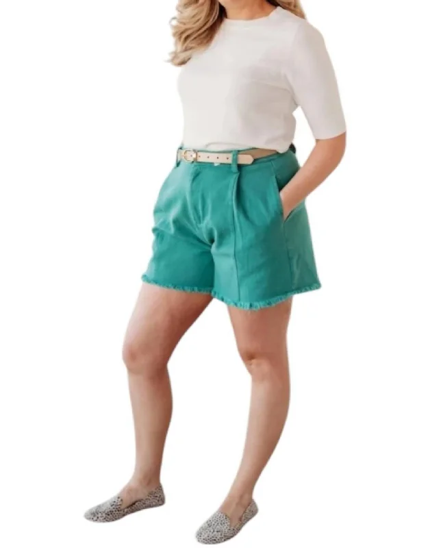 Comfortable Wear High Waist Fray Shorts In Peacock Green