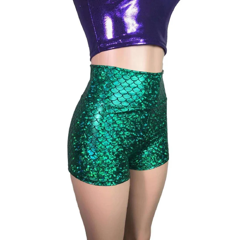Multi-functional style High Waisted Booty Shorts - Green Mermaid Scales