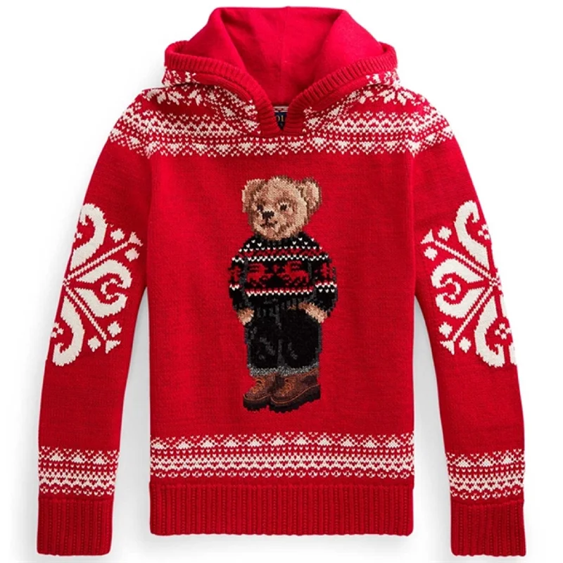 French Style Polo Ralph Lauren Girl Long Sleeved Knit Hoodie Red