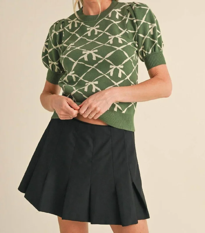 Warm Winter Series Short Sleeve Bow Pattern Sweater In Olive