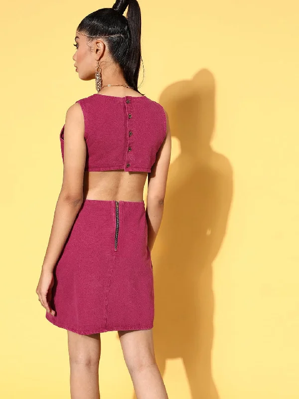 Elegant Wear Women Fuchsia Back Cut-Out Shift Denim Dress