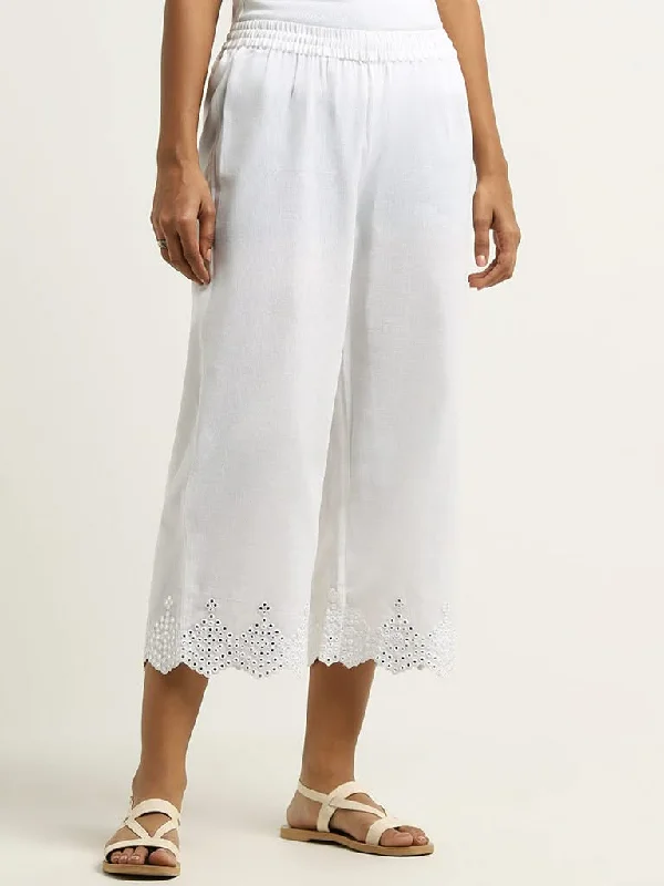 Personal Design Utsa White Mirror Embroidered Blended Linen Palazzos