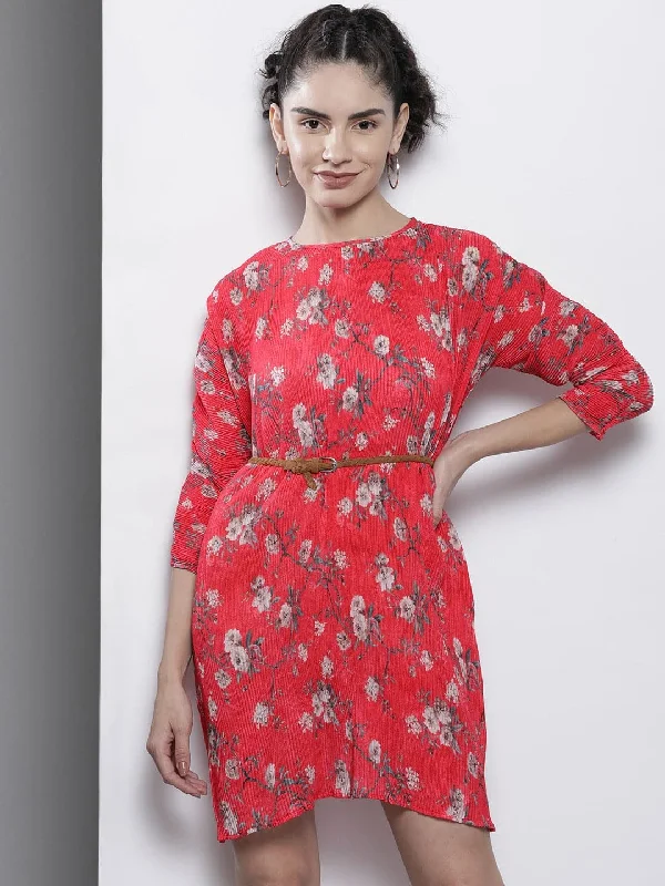 Warm Atmosphere Women Red Floral Pleated Chinon Bodycon Dress