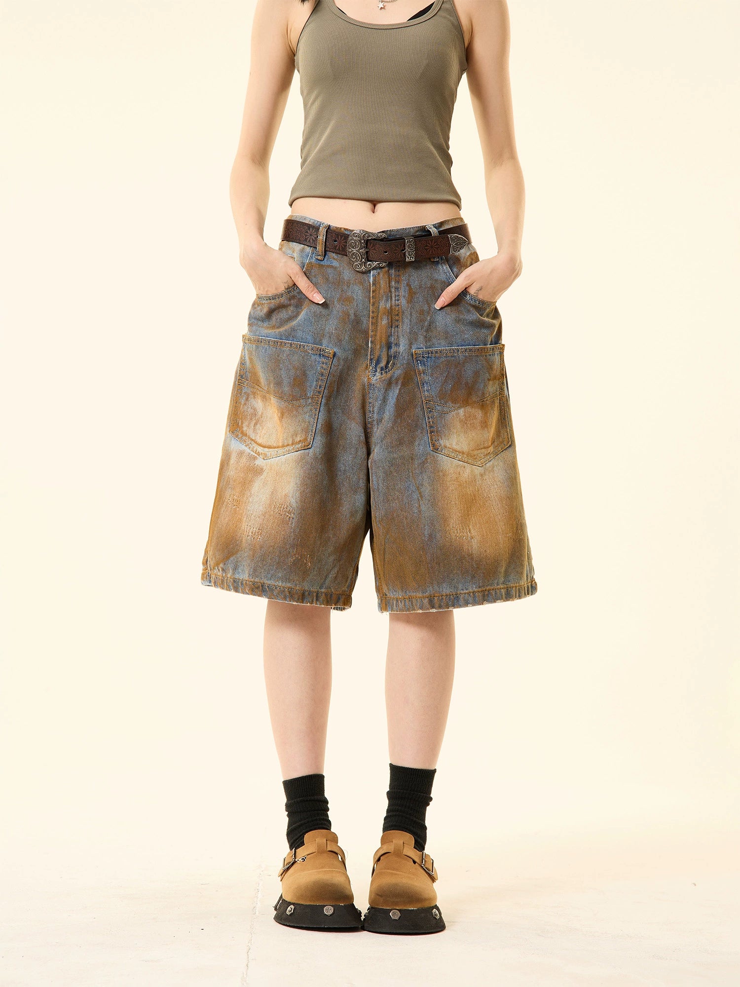 Sports Cool Sandblast Denim Bermuda Shorts with Oversized Pockets