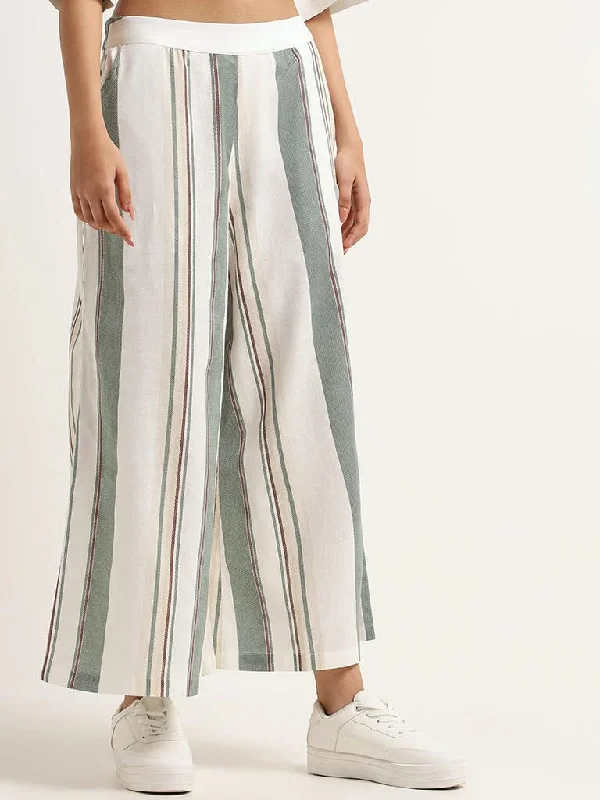 College Style Bombay Paisley White Bohemian Striped Blended Linen Palazzos