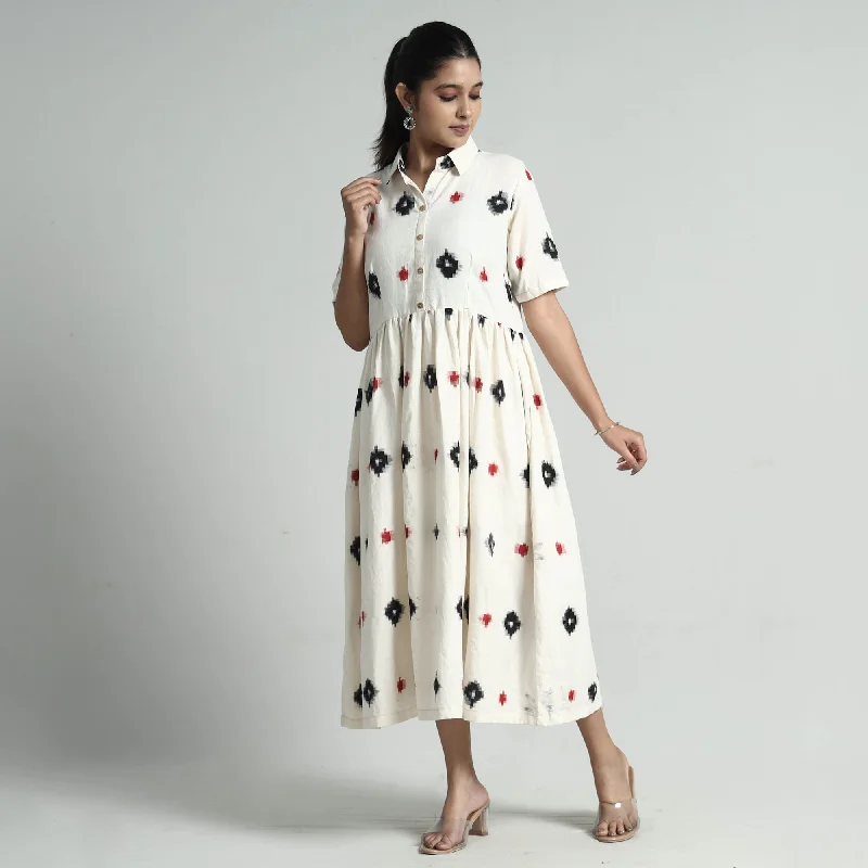 College Style White - Pochampally Double Ikat Weave Cotton Dress