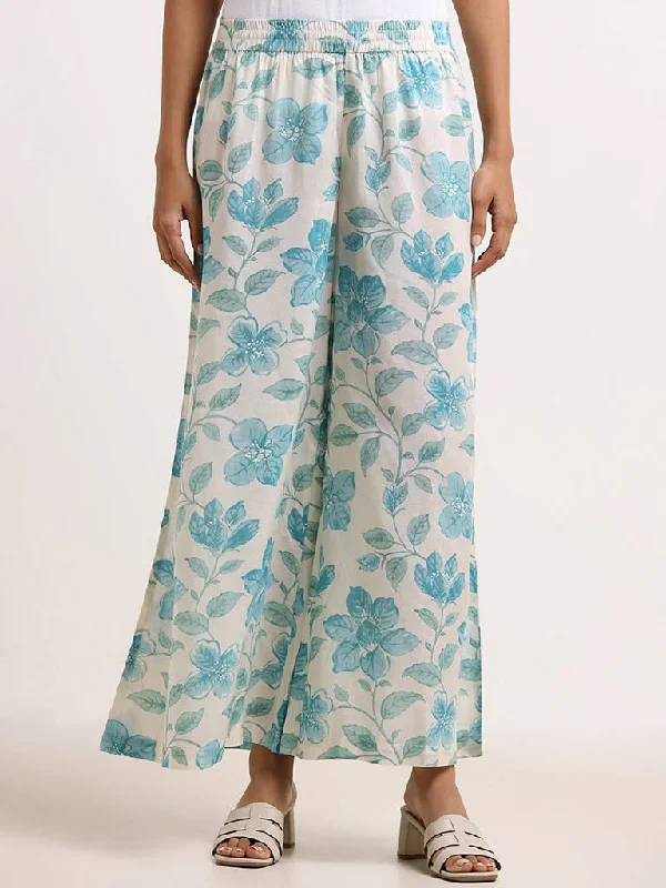Classic Retro Zuba Blue Floral Cotton Palazzos