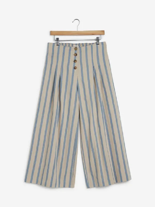 Classic Color Bombay Paisley Beige Striped Wide Palazzos