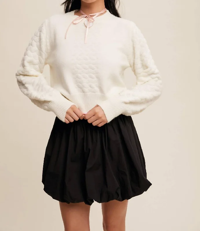 Multi-functional style Textured Balloon Copped Knit Sweater In Cream