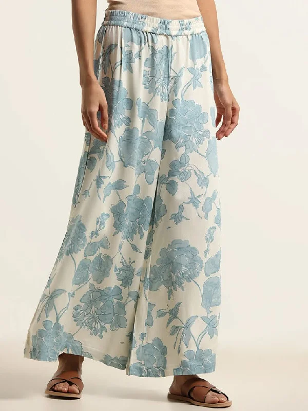 Modern Chic Utsa Blue Floral Cotton Palazzos