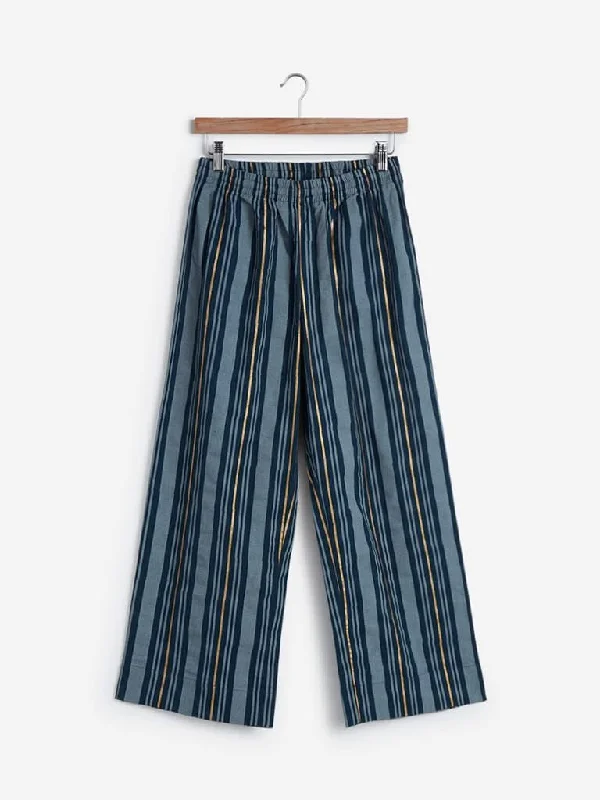 Fashion Design Utsa Indigo Striped Cropped Palazzos