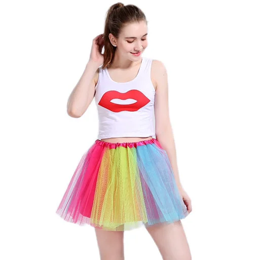 Printed pattern New Adults Tulle Tutu Skirt Dressup Party Costume Ballet Womens Girls Dance Wear, Rainbow_F, Kids