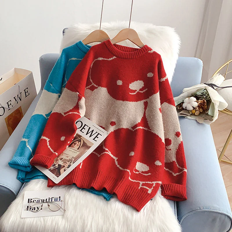 Editorial Design Cartoon Bear pattern loose lazy style sweater top  5133