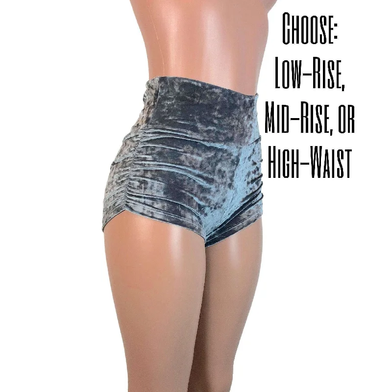 Cute Style Ruched Velvet Booty Shorts - Silver Gray Crushed Velvet