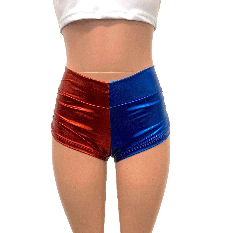 Cozy Sweaters Harley Quinn Mid-Rise Ruched Booty Shorts in Blue/Red or Black/Red