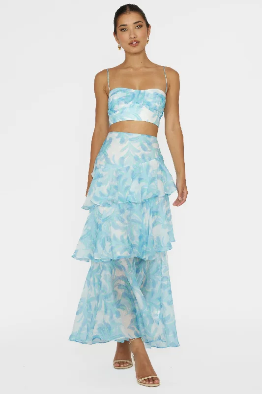 Elegant Comfort Veda Tiered Ruffle Maxi Skirt Floral Blue