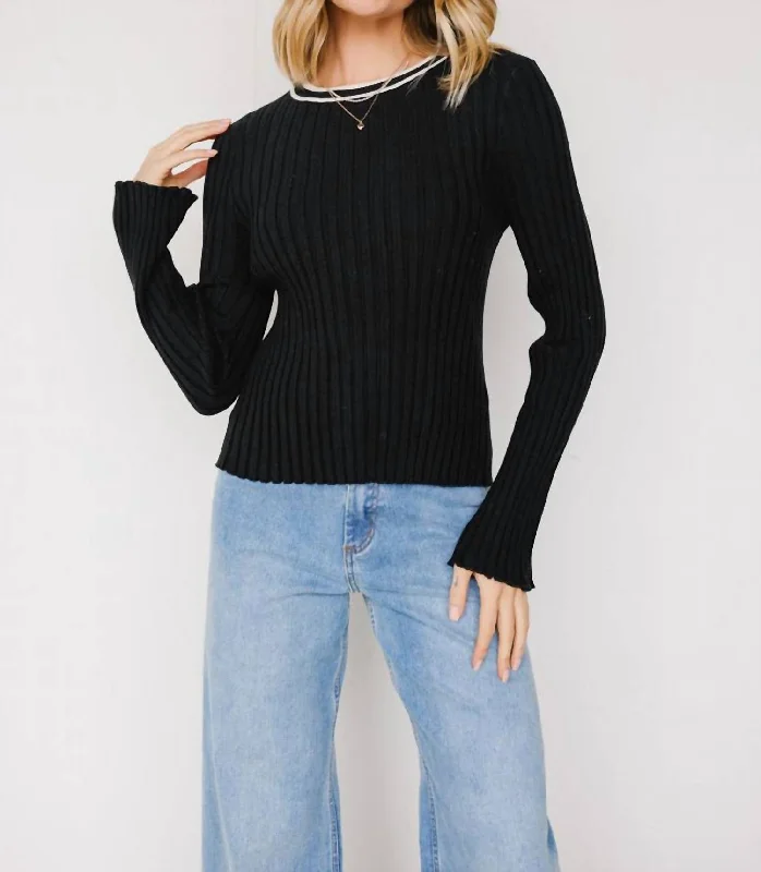 Stand-up collar design Ribbed Knit Sweater In Black/cream